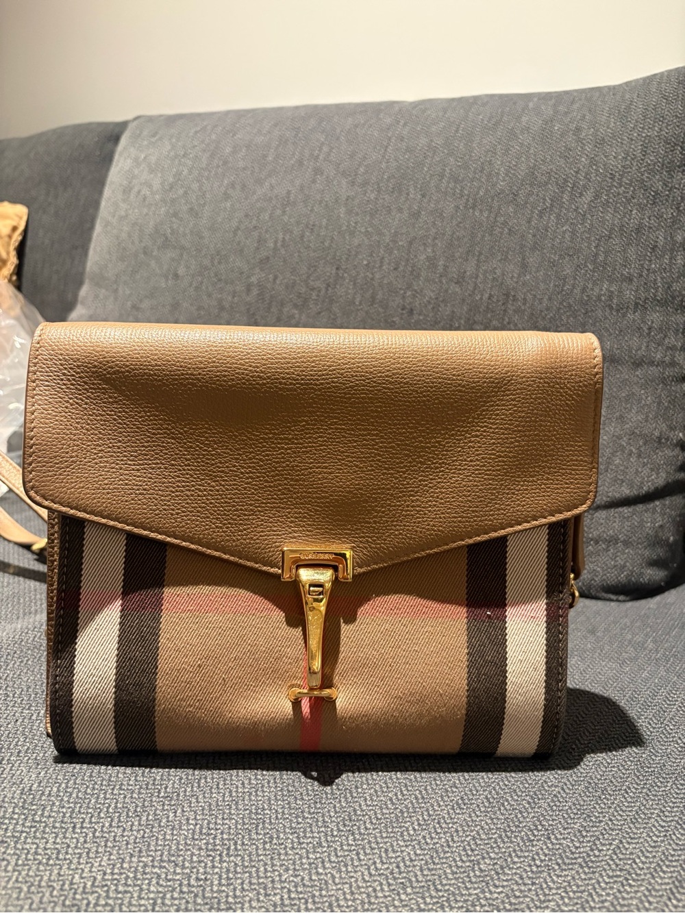 Burberry Tan and Check Canvas Crossbody with Gold Hardware